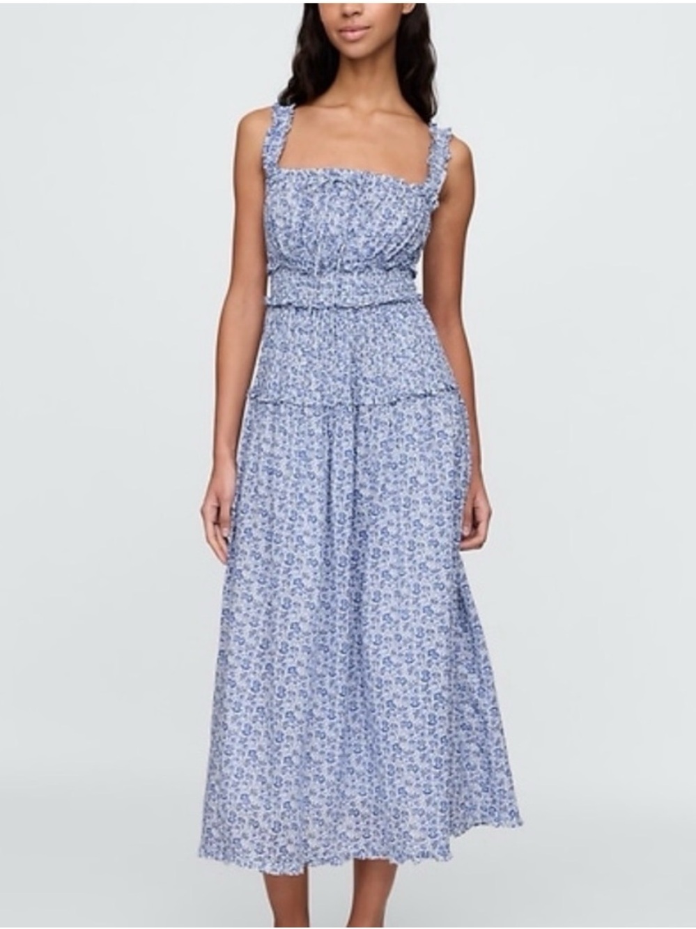 Smocked Square-Neck Midi Dress in Light Blue Floral